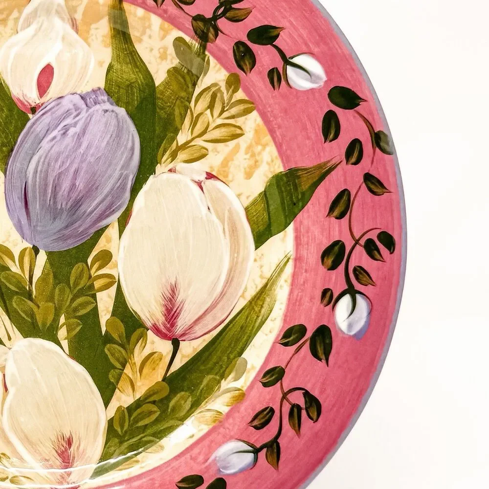 Lesal Home Hand Painted Floral Ceramic Plate Signed California 11” Tulip Decor